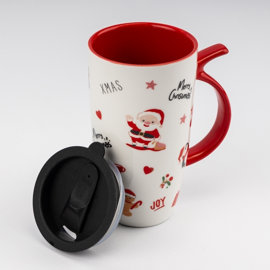 Чашка керамічна Новорічна "Різдвяна класика" з кришкою 550 мл