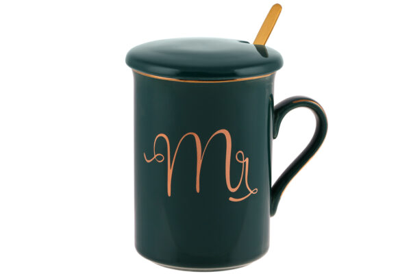 Чашка фарфорова "Mr" з кришкою та золотою ложкою 380мл зелений із золотим
