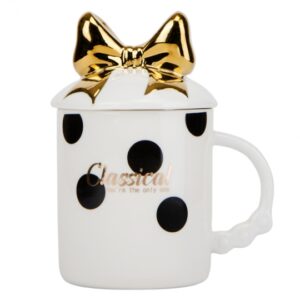 1917988d-f3c9-461b-96d0-b76afd9235ab.jpg Чашка фарфорова "Золотий бантик" з кришкою та ложкою, 350 мл чорна/біла