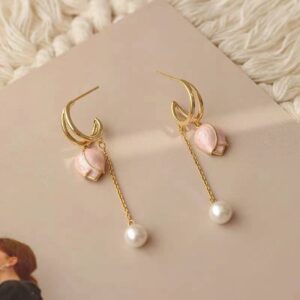 Сережки металеві "Тюльпани" з перловою підвіскою золоті рожеві/білі (10228)