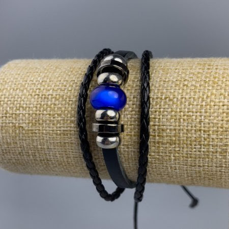 Браслет з еко-шкіри Бусина/ Котяче око на затяжці
