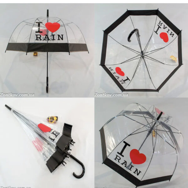Парасоля трость півавтомат Max "I LOVE RAIN" прозора з принтом 8 спиць