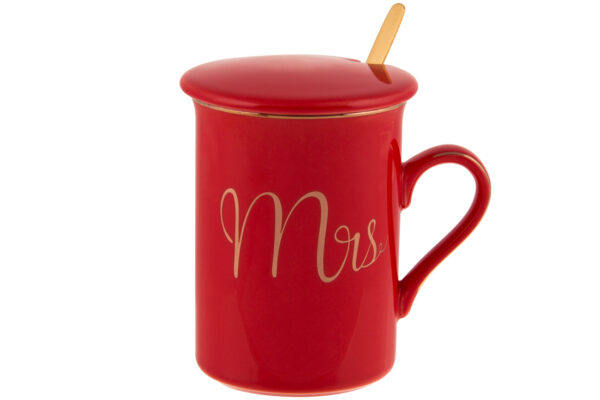Чашка фарфорова "Mrs" з кришкою та золотою ложкою 380мл червоний із золотим