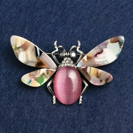 Брошка "Метелик" сріблястий метал, Котяче око стрази і емаль 30х51мм