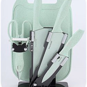 Набір кухонний для нарізання (дошка, 3 ножі, ножиці, овочечистка з підставкою), 7 предметів, мятний