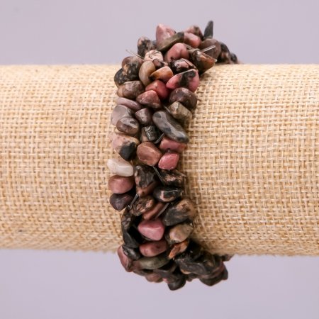 Браслет натур. Родоніт коричнево-теракотовий крихта широкий стрейч