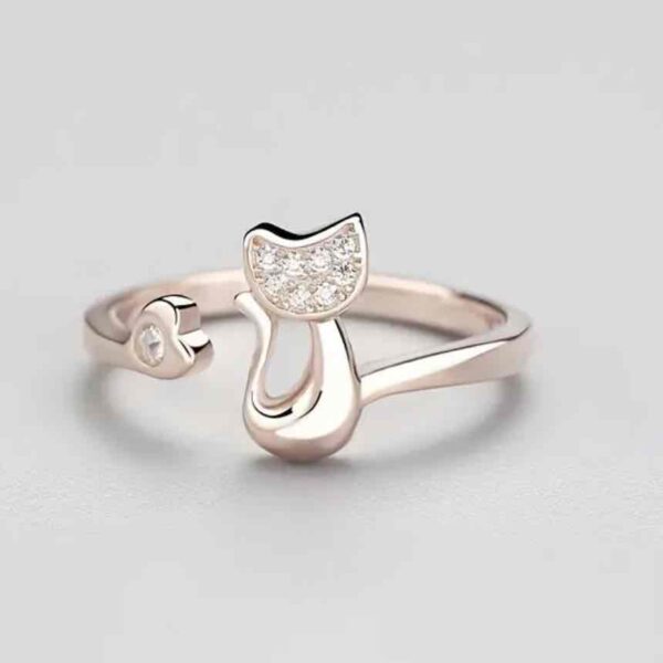 Каблучка жіноча металева «Котик» сидячий спиною зі стразами рожеве золото (8418)