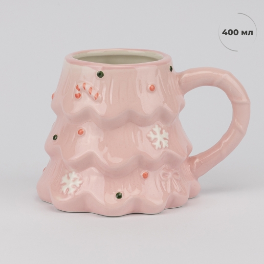Чашка керамічна Новорічна "Рожева ялинка" 400 мл