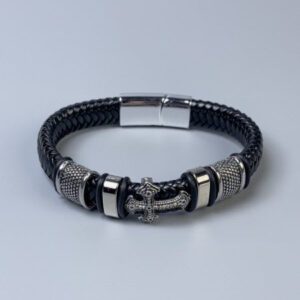 Браслет чоловічий плетений "Хрест" еко-шкіра з металевими вставками чорний