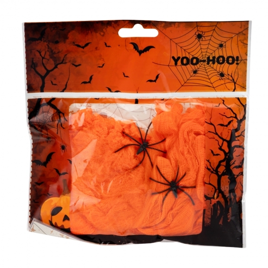 Декор на Хелловін "Павутиння" S (20 г) з павуками оранжевий