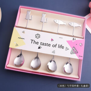 Ложка кавова з нержавіючої сталі, котики та рибки, 4 шт набір, срібні