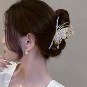 Заколка-краб для волосся "Метелик" великий зі стразами золотий