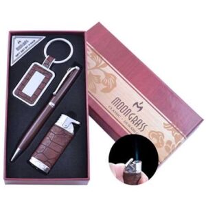 Набір чоловічий подарунковий Moongrass "Крокодил" 3 в 1 Ручка/ Брелок/ Запальничка коричневий