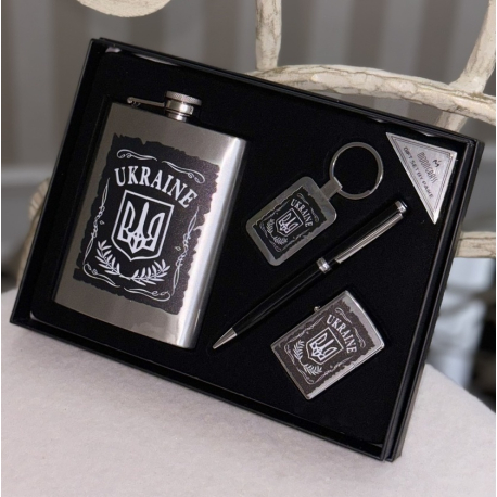 Набір чоловічий подарунковий "UKRAINE" Фляга/брелок/ручка/запальничка (23*17,5*4 см)