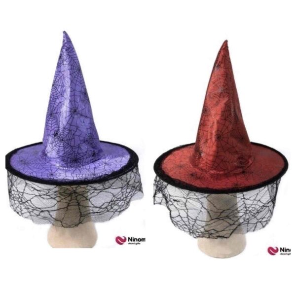 Капелюх відьми з вуаллю-павутиною червоний/фіолетовий