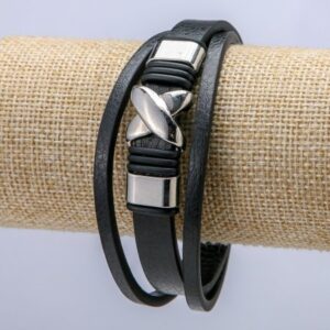 Браслет чоловічий "Ікс" чорна еко-шкіра сріблясті вставки s-10мм L-21см