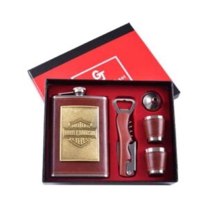 Набір чоловічий подарунковий Harley-Davidson 5 в 1 Фляга/ 2 чарки/ Лійка/ складний ніж коричневий