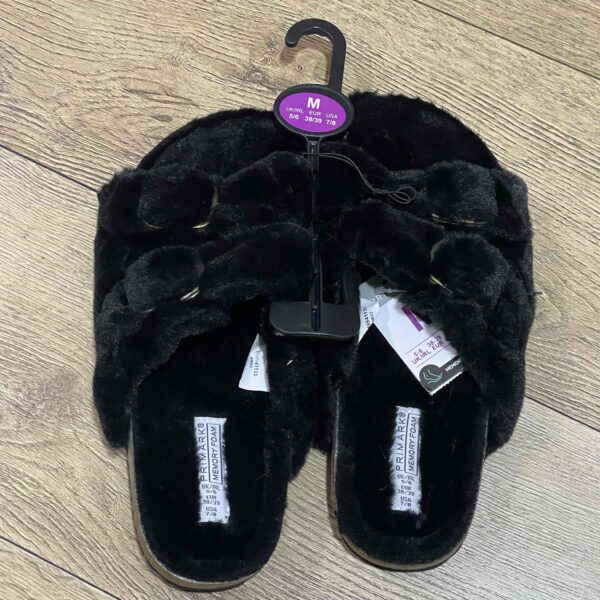 Тапочки жіночі з ремінцями Primark пухнасті (устілка меморі) коркова підошва чорні