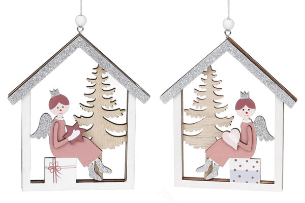 Ялинкова прикраса "Будиночок з янголом" 12 см (дерево)