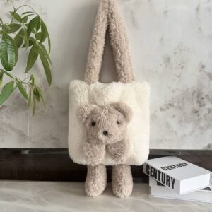 Сумочка-шоппер плюшева тедді "Ведмедик" екохутро біла з бежевим