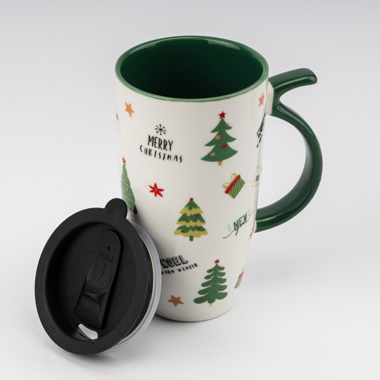 Чашка керамічна Новорічна "Різдвяна класика" з кришкою 550 мл