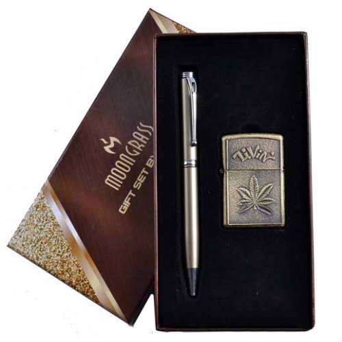 Набір чоловічий подарунковий "Moongrass" 2 в 1 Ручка/ запальничка античне золото