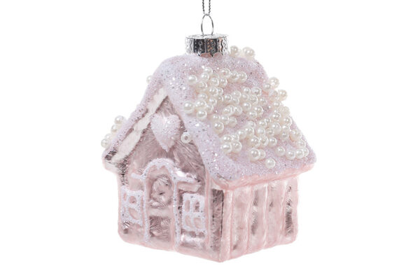 Ялинкова прикраса "Будиночок" рожевий 10 см (скло)
