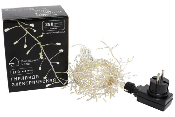 Гірлянда-кластер 280 LED/ 2 м жовте світло сріблястий дріт (розетка)