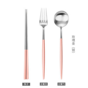 a70d06e3-c2c4-4935-b468-9b4b78d345f2.jpg Столові прибори з нержавіючої сталі 3 предмета (ложка, вилка, палички), рожево-срібний