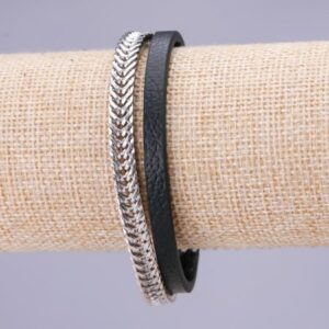 Браслет чоловічий еко-шкіра чорна з ланцюжком на магнітній застібці s-15мм