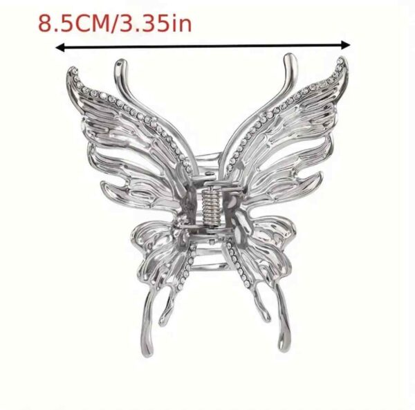 Заколка-краб для волосся "Метелик" великий зі стразами срібний 8,5 см