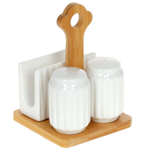 ab020e60-8a09-4135-8e58-d77880cf912f.jpg Набір для спецій "Naturel" на бамбуковій підставці: сіль/перець та серветниця, 16 см