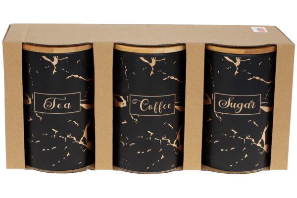 Набір керамічних банок "Tea Coffee Sugar" 650 мл (3 шт) з бамб. кришкою чорний з золотим