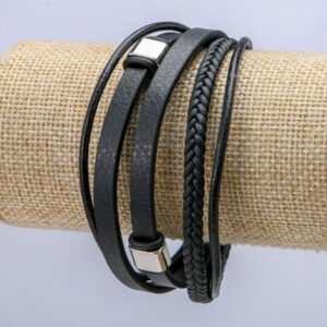Браслет-ремінь чоловічий еко-шкіра "5 ремінців" сріблясті вставки чорна