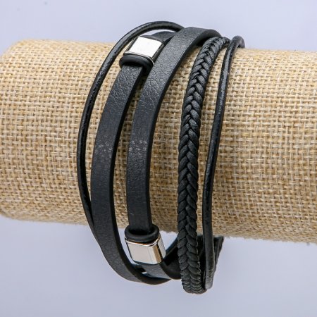 Браслет-ремінь чоловічий еко-шкіра "5 ремінців" сріблясті вставки чорна