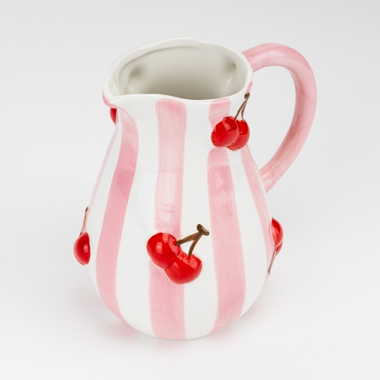 Ваза керамічна "Червоні вишеньки" 20 см рожева в полоску