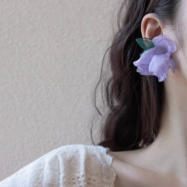 Сережки тканина "Квіти" фіолетові з зеленим (10715)