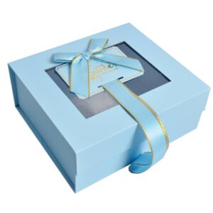 Коробка подарункова складна з віконцем та стрічкою блакитна 20*18*8 см