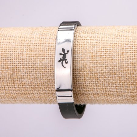 Браслет чоловічий із металевими вставками "Ящірка" каучук колір чорний на застібці s-10мм