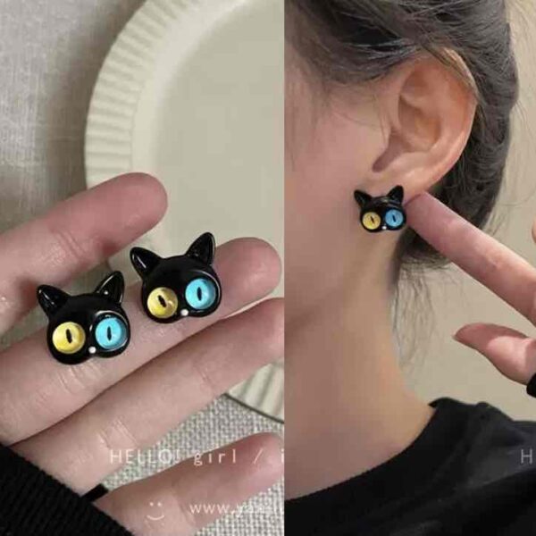 Сережки "Котики з очима" чорні/синьо-жовті очі