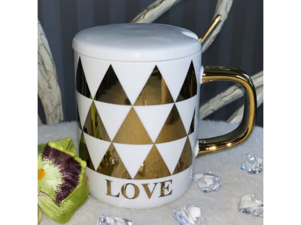 Чашка керамічна "Love" з кришкою та ложкою біла з золотим
