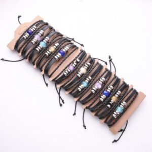 Браслет з еко-шкіри Бусина/ Котяче око на затяжці