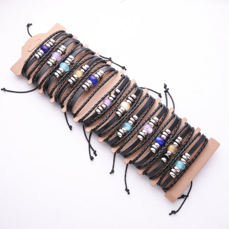 Браслет з еко-шкіри Бусина/ Котяче око на затяжці