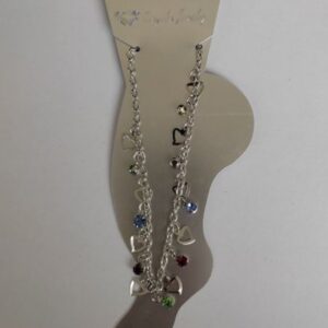 Прикраса на ногу з підвісками "Серце" та кольоровими стразами срібний метал