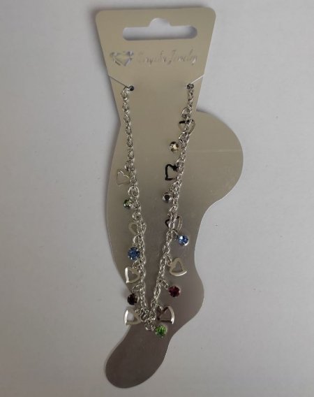 Прикраса на ногу з підвісками "Серце" та кольоровими стразами срібний метал
