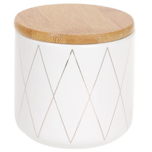 e5e9fd2b-fe91-4e88-ac67-2b9d0692492d.jpg Банка керамічна "Ромби" 350 мл з бамб. кришкою білий із золотом