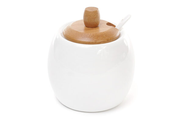 Цукорниця "Naturel" порцелянова з ложкою та бамбуковою кришкою гладка біла 300 мл