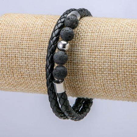 Браслет чоловічий чорна еко-шкіра сріблясті вставки та лава d-8,5 s-11мм