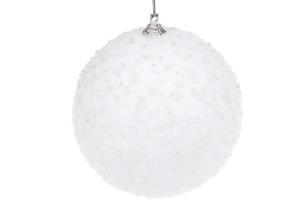 Ялинкова куля з велюровим покриттям і бісером білий сніжний 10см (пінопласт)