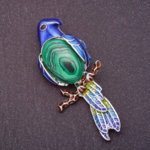 Брошка "Папуга" з каменем Малахіт 67х30 мм